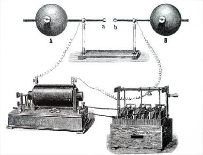 Illustration depicting Heinrich Hertz s oscillator and reflecting metal sheets to show outward and return paths of electromagnetic (radio) waves. Heinrich Hertz (1857-1894) a German physicist who first conclusively proved the existence of the electromagnetic waves theorised by James Clerk Maxwell s electromagnetic theory of light. Dated 20th century 917_05_WHA_102_0877