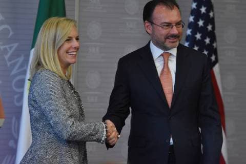 CIDADE DO MÉXICO, DF - 26.03.2018: KIRSTJEN NIELSEN VISITA DE TRABALHO AO MÉX - United States Secretary of Homeland Security Kirstjen Nielsen and Secretary of Foreign Affairs Luis Videgaray during a press conference, they talking about Migration and Security Mexico- US as part of their working visit at Ministry of Foreign Affairs on March 26, 2018 in Mexico City, Mexico x1505221x  CarlosxTischler