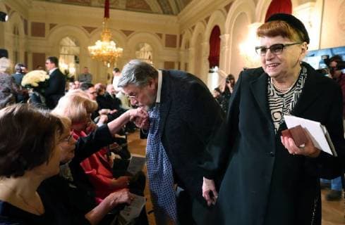 MOSCOW, RUSSIA â€“ MARCH 27, 2018: Actor Alexander Shirvindt (C) with wife Natalya Belousova (R) after Shirvindt received a special 2018 Golden Mask award in the Outstanding contribution to the theatrical arts category, at a ceremony at the Bolshoi Theatre. Vyacheslav Prokofyev TASS  TS07992C