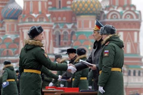 MOSCOW, RUSSIA - MARCH 31, 2018: A ceremony for the 2013-2018 graduating cohort of students of the Moscow Military Music School in Red Square. Mikhail Metzel TASS  TS07A130