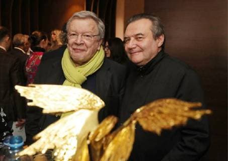 MOSCOW REGION, RUSSIA â€“ APRIL 1, 2018: Writer Viktor Yerofeyev (L) and film director Alexei Uchitel at the 31st Nika Film Award Ceremony, at the Vegas City Hall. Vyacheslav Prokofyev TASS  TS07A36F