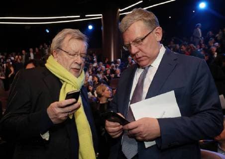 MOSCOW REGION, RUSSIA â€“ APRIL 1, 2018: Writer Viktor Yerofeyev (L) and Alexei Kudrin, chairman of the board at the Center for Strategic Research Foundation and deputy chairman of the Presidential Economic Council, at the 31st Nika Film Award Ceremony, at the Vegas City Hall. Vyacheslav Prokofyev TASS  TS07A371