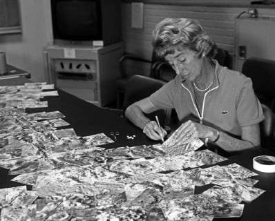 Patricia Patsy Conklin, an employee in the Bioscience and Planetology Section at NASA s Jet Propulsion Laboratory, is seen in this May 16, 1972, photograph assembling Mariner 9 photos into large mosaics. JPL produced 96 mosaic boards of selected areas of the Martian surface. NASA  WAX2018040701 NASA