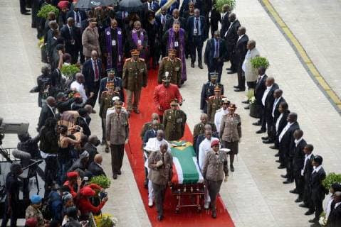 Mama Winnie Mandela laid to rest in South Africa JOHANNESBURG, SOUTH AFRICA APRIL 14:SANDF Carry the coffin Winnie Madikizela-Mandela during the funeral service of Struggle icon Winnie Madikizela-Mandela on April 14, 2018 in Johannesburg, South Africa. Madikizela-Mandela died at the age of 81 after a long illness. ( Gallo0130939