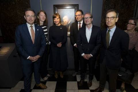 Antwerp mayor Bart De Wever, Antwerp alderwoman Caroline Bastiaens, Marie-Annelle Mouffe, Antwerp alderman Koen Kennis, Flemish Minister of Mobility, Public Works, Flemish municipalities around Brussels, Animal Welfare Ben Weyts and Ben van Bendeden pictured during the press presentation of the restoration of a self-portrait of famous Flemish painter Rubens, Monday 16 April 2018, in Antwerp.  KRISTOFxVANxACCOM 05330301