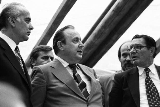 FDP-Kundgebung 1976 DEU, Deutschland, Dortmund: FDP-Kundgebung im Wahlkampf am 14.09.1976 in Dortmund. Hans Friderichs, HAns-Dietrich Genscher, Werner Maihofer von links DEU, Germany, Dortmund: FDP rally in the election campaign on 14.09.1976 in Dortmund. NRW