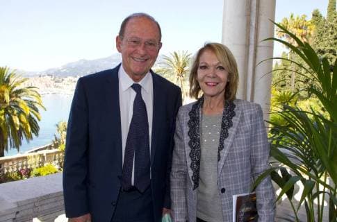 Menton, France - April 20, 2018: Mayor of Menton Jean-Claude Guibal and wife Colette Giudicelli at The 69th Festival de Musique Press Conference Classical Music Festival 69th Festival de Musique Menton, Mayor of Menton Jean-Claude Guibal and wife Colette Giudicelli