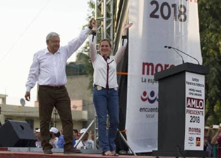 April 20, 2018 - Xochimilco, Mexico, MEXICO - Presidential candidate Andres Manuel Lopez Obrador, with the MORENA party, during his campaign rally in Milpa Alta in Mexico City, Friday, April 20, 2018. Mexico will hold general elections on July 1. Xochimilco MEXICO - ZUMAp124 20180420_zaa_p124_518 Copyright: xOctavioxNavax