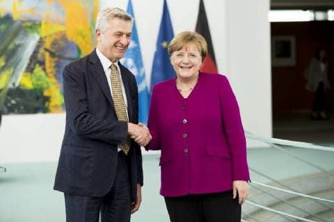 April 23, 2018 - Berlin, Germany - German Chancellor Angela Merkel and United Nations High Commissioner for Refugees (UNHCR) Filippo Grandi shake hands after giving a statement to the press prior to a meeting at the Chancellery in Berlin, Germany on April 23, 2018. Berlin Germany  - ZUMAn230 20180423_zaa_n230_602 Copyright: xEmmanuelexContinix