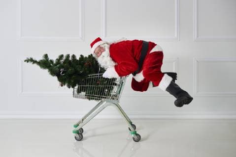 Happy Santa Claus carrying Christmas tree in a shopping cart model released Symbolfoto  ABIF00107