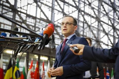 Bundesaussenminister Heiko Maas, SPD, gibt in Bruessel vor Beginn der Konferenz zur Unterstuetzung Syriens und der Region ein Pressestatement. Bruessel, 25.04.2018. Bruessel Belgien *** Federal Foreign Minister Heiko Maas SPD will give a press statement in Brussels before the beginning of the conference in support of Syria and the region. Brussels 25 04 2018 Brussels, Belgium Copyright: xThomasxTrutschelx