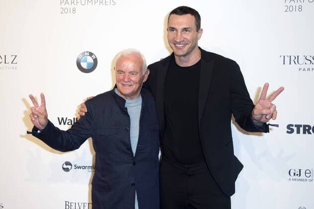 Werner Baldessarini und Wladimir Klitschko bei der 26. Verleihung des Deutschen Parfumpreises Duftstars 2018 im Flughafen Tempelhof. Berlin, 25.04.2018