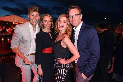Lukas Sauer, Anne-Catrin Wahls (ehemals Märzke) , Peter Imhof mit Ehefrau Eva Imhof beim Bunte New Faces Award Film 2018 im Spindler & Klatt in Berlin am 26.04.2018