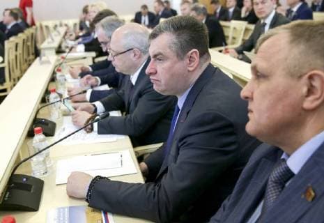ST PETERSBURG, RUSSIA - APRIL 27, 2018: Russian State Duma member Leonid Slutsky (2nd R) attends a meeting of the Presidium of the Council of Legislators under the Russian Federal Assembly. Anna Isakova Russian State Duma Photo Service TASS  TS07D609