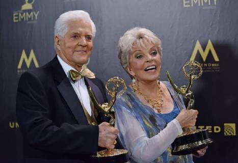 Bill Hayes (L) and Susan Seaforth Hayes hold up their Lifetime Achievement Awards backstage in the press room during the 45th Annual Daytime Emmy Awards at the Pasadena Civic Auditorium in Pasadena, California on April 29, 2018.  LAP201804291063 CHRISxCHEW