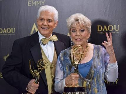 Bill Hayes (L) and Susan Seaforth Hayes hold up their Lifetime Achievement Awards backstage in the press room during the 45th Annual Daytime Emmy Awards at the Pasadena Civic Auditorium in Pasadena, California on April 29, 2018.  LAP201804291054 CHRISxCHEW