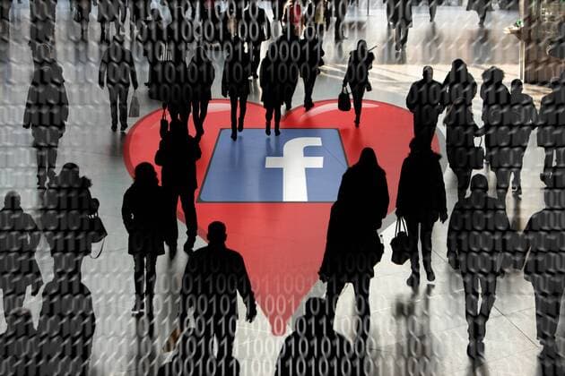 Symbolbild zur geplanten Dating App von Facebook: Firmenlogo mit Herz und den Umrissen einer Menschenmenge mit Binärzahlen