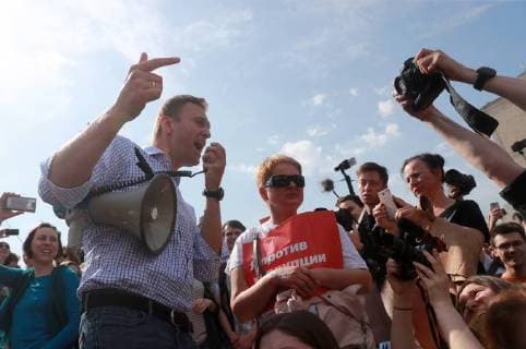 MOSCOW, RUSSIA - MAY 5, 2018: Opposition activist Alexei Navalny (L front) at an unauthorised opposition protest in Moscow s Pushkinskaya Square. Sergei Fadeichev TASS  TS07E146