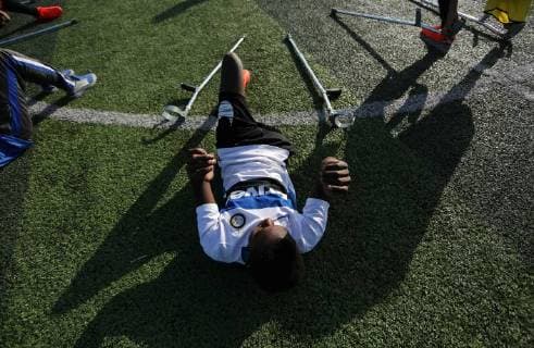 May 7, 2018 - Deir Al-Balah, Gaza Strip, Palestinian Territory - Disabled Palestinians who were lost their limbs during the Israeli wars on Gaza Strip participate in football training, in Deir al-Balah in the center of Gaza Strip on May 7, 2018 Deir Al-Balah Palestinian Territory - ZUMAap3_ 20180507_zaf_ap3_114 Copyright: xAshrafxAmrax