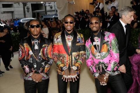 Offset, Quavo, and Takeoff of Migos arrive on the red carpet at The Metropolitan Museum of Art s Costume Institute Benefit Heavenly Bodies: Fashion and the Catholic Imagination at Metropolitan Museum of Art in New York City on May 7, 2018.  NYP20180507264 JOHNxANGELILLO