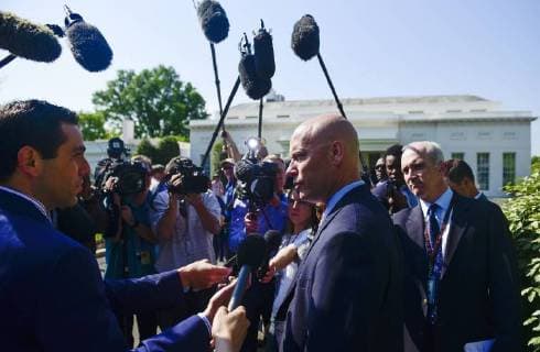 Marc Short, White House Director of Legislative Affairs and Assistant to the President for U.S. President Donald J. Trump, speaks to members of the media about the Iran Nuclear Deal at the White House in Washington, D.C on May 8, 2018. President Trump will announce his decision on the Iran deal later today.  WAP20180508903 LEIGHxVOGEL