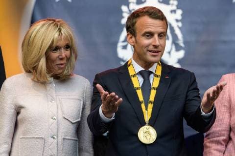 Verleihung des internationalen Karlspreises zu Aachen, 10.05.2018 vl: Brigitte Macron, der Französische Präsident Emmanuel Macron bei der Verleihung des internationalen Karlspreises zu Aachen am 10.05.2018, , Aacgeb NRW Deutschland