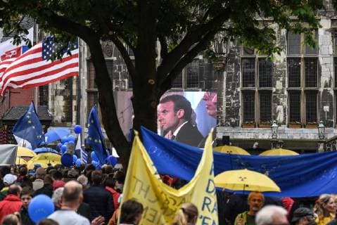 Protest rally during the ceremony in front of the town hall of Aachen Demonstration against nuclear energy in Aachen during the ceremony of the Charlemagne prize for the French President Emmanouel Macron, in Aachen on May 10, 2018