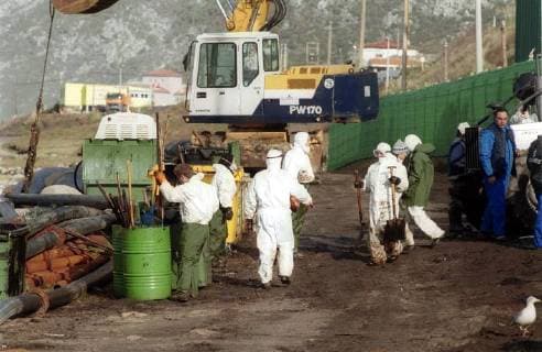 Freiwillige Helfer der spanischen Umweltorganisation Tragsa reinigen am Donnerstag (12.12.2002) einen Küstenabschnitt bei Mougas (Galicien), der vom Öl des gesunkenen Tankers Prestige verseucht ist. Zur Reinigung stehen ihnen nur einfachste Hilfsmittel zur Verfügung. Es fehlt überall an Geräten um die Strände vom Oel zu säubern. Deswegen gerät die Regierung um Ministerpräsident José-Maria Aznar immer mehr unter Druck.