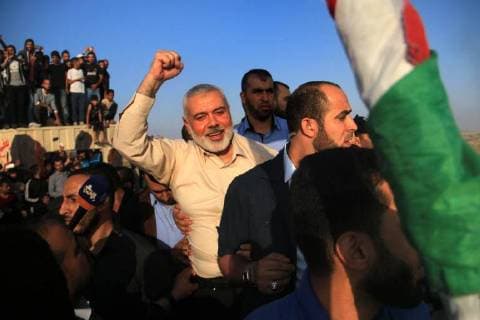 May 11, 2018 - Bureij, Gaza Strip, Palestinian Territory - Palestinian Hamas Chief Ismail Haniyeh gestures during tents protest where Palestinians demanding the right to return to their homeland, at the Israel-Gaza border, in the center of Gaza Strip, on May 11, 2018 Bureij Palestinian Territory - ZUMAap3_ 20180511_zaf_ap3_285 Copyright: xMahmoudxKhattabx