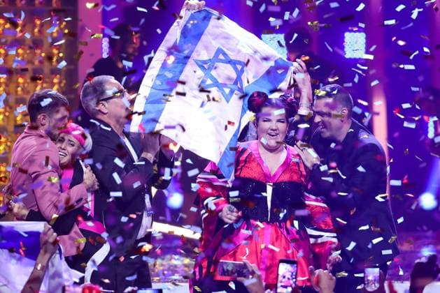 LISBON, PORTUGAL - MAY 13, 2018: Singer Netta Barzilai (R) representing Israel, wins the Grand Final of the 2018 Eurovision Song Contest at Altice Arena in Lisbon. Vyacheslav Prokofyev TASS  TS07F50F