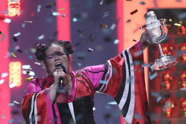 May 12, 2018 - Lisbon, Portugal - Winner Netta of Israel performs with the trophy during the 2018 Eurovision Song Contest Grand Final, at the Altice Arena in Lisbon, Portugal on May 12, 2018. Lisbon Portugal  - ZUMAn230 20180512_zaa_n230_2243 Copyright: xPedroxFiuzax
