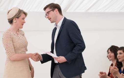 Queen Mathilde of Belgium and German finalist Samuel Hasselhorn pictured during the award ceremony for the laureates of the Queen Elisabeth Competition for Voice 2018, at the Queen Elisabeth Music Chapel (Chapelle Musicale Reine Elisabeth - Muziekkapel Koningin Elisabeth), in Waterloo, Tuesday 15 May 2018.  BENOITxDOPPAGNE 05346586
