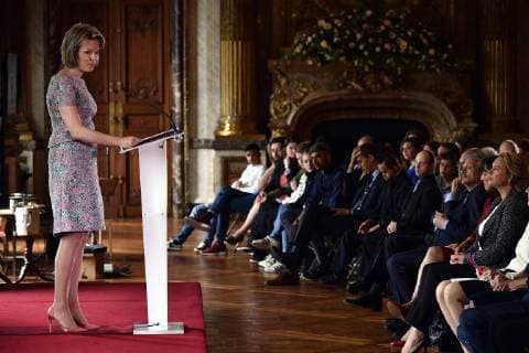 Queen Mathilde of Belgium delivers a speech during a ceremony to award the Queen Mathilde Award 2018, in Brussels, Wednesday 16 May 2018. The winner of the Queen Mathilde award is selected by a youth jury from one of the thirteen Queen Mathilde Foundation projects  ERICxLALMAND 05346944