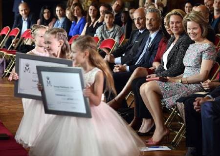Brussels region Minister of Housing, Quality of life, Environmental Maintenance, Energy, Water Policy and Agriculture Celine Fremault and Queen Mathilde of Belgium pictured during a ceremony to award the Queen Mathilde Award 2018, in Brussels, Wednesday 16 May 2018. The winner of the Queen Mathilde award is selected by a youth jury from one of the thirteen Queen Mathilde Foundation projects  ERICxLALMAND 05346937
