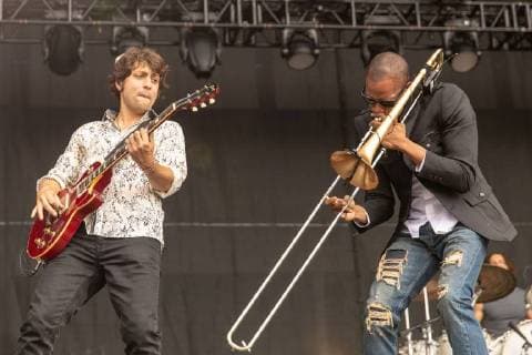 May 25, 2018 - Napa, California, U.S - PETE MURANO and TROY ANDREWS of Trombone Shorty and Orleans Avenue during BottleRock Music Festival at Napa Valley Expo in Napa, California Napa U.S. - ZUMAs135 20180525_zap_s135_505 Copyright: xDanielxDeSloverx