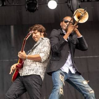 May 25, 2018 - Napa, California, U.S - PETE MURANO and TROY ANDREWS of Trombone Shorty and Orleans Avenue during BottleRock Music Festival at Napa Valley Expo in Napa, California Napa U.S. - ZUMAs135 20180525_zap_s135_506 Copyright: xDanielxDeSloverx