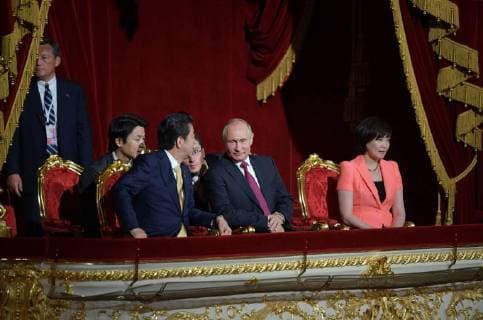 MOSCOW, RUSSIA â€“ MAY 26, 2018: Russia s President Vladimir Putin (C), Japan s Prime Minister Shinzo Abe (L) and his wife Akie (R) watch a concert marking the start of the Russia-Japan Year of Culture at the Bolshoi Theatre. Alexei Druzhinin Russian Presidential Press and Information Office TASS  TS0817E1