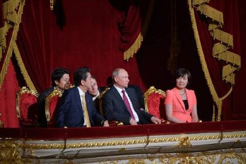 MOSCOW, RUSSIA â€“ MAY 26, 2018: Russia s President Vladimir Putin (C), Japan s Prime Minister Shinzo Abe (L) and his wife Akie (R) watch a concert marking the start of the Russia-Japan Year of Culture at the Bolshoi Theatre. Alexei Druzhinin Russian Presidential Press and Information Office TASS  TS0817E3