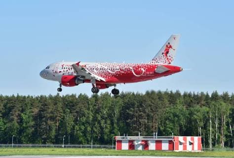 MOSCOW, RUSSIA - MAY 28, 2018: An Airbus A319 Rostov-na-Donu jet airliner owned by Rossiya Airlines and painted in a special 2018 FIFA World Cup livery, makes a landing at Vnukovo International Airport in Moscow. Tatyana Belyakova TASS  TS0819EC