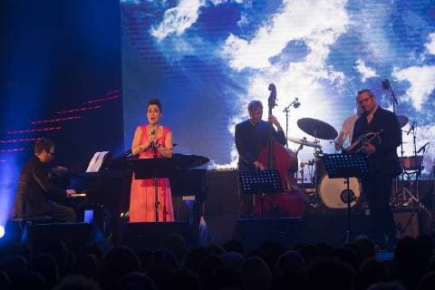 Igor Gehenot and Anne-Catherine Gillet perform on stage at the concert with winners of the 15th edition of the Les Octaves de la Musique music awards ceremony, Monday 28 May 2018 in Brussels.  LAURIExDIEFFEMBACQ 05355225