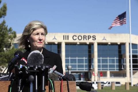 November 6, 2009 - Fort Hood, TEXAS, UNITED STATES - FOR METRO - Senator Kay Bailey Hutchison answers questions from the media outside of III Corps headquarters where an American flag flies at half-staff Friday Nov. 6, 2009 on Fort Hood Army Base in Fort Hood, Tx. EDWARD A. ORNELAS eaornelas@express-news.net) Fort Hood UNITED STATES - ZUMAa27_ 20091106_zaf_a27_008 Copyright: xEdwardxA.xOrnelasx