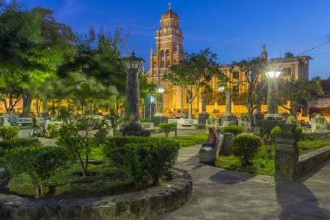 The Xalteva Church seen from Xalteva Park in Granada at dusk, Granada, Nicaragua, Central America Copyright: OliverxWintzen 1283-305