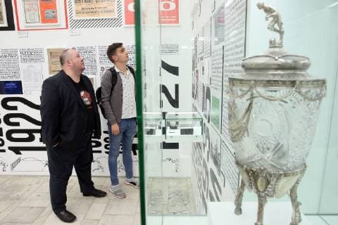 MOSCOW, RUSSIA - JUNE 1, 2018: TASS Russian News Agency s Sports Department Head Vladislav Utkin (L) views an exhibition on the 1897-2018 history of Russian football at the VDNKh exhibition centre. The exhibition covers the history of Russian and Soviet football from the first football team in the Russian Empire (1897) up to the present times. Alexander Shcherbak TASS  TS08233D