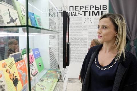 MOSCOW, RUSSIA - JUNE 1, 2018: Two-time Olympic artistic gymnastics champion Yelena Zamolodchikova attends an exhibition on the 1897-2018 history of Russian football at the VDNKh exhibition centre. The exhibition covers the history of Russian and Soviet football from the first football team in the Russian Empire (1897) up to the present times. Alexander Shcherbak TASS  TS08234E