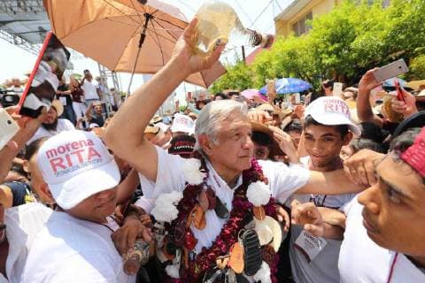 June 2, 2018 - EUM20180602POL12.JPG.PUNGARABATO, Gro. ElectionsElecciones-AMLO.- Andres Manuel Lopez Obrador, candidato a la Presidencia de Mexico por la coalicion Juntos Haremos Historia, acude a un mitin de campana en Ciudad Altamirano, en donde sus simpatizantes le regalan mezcal y unos huaraches, este 2 de junio de 2018. Foto: Agencia EL UNIVERSALValente RosasEELG Copyright: xElxUniversalx