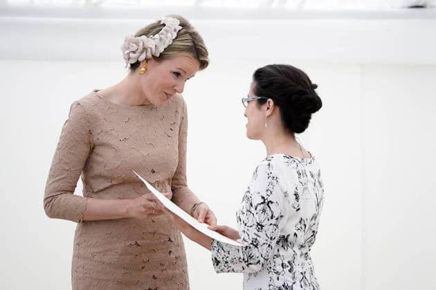 - WATERLOO, BELGIUM: Queen Mathilde of Belgium and Belgian Jodie Devos pictured at the award ceremony for the laureates of the Queen Elisabeth Singing Competition 2014 at the Queen Elisabeth Music Chapel (Chapelle Musicale Reine Elisabeth - Muziekkapel Koningin Elisabeth) in Waterloo, Tuesday 03 June 2014. LAURIExDIEFFEMBACQ  x58813881x
