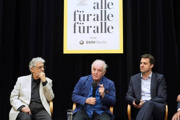 Placido Domingo, Daniel Barenboim und Matthias Schulz beim Pressegespräch zu Staatsoper für Alle und Macbeth auf der Probebühne 1 in der Staatsoper Unter den Linden. Berlin, 07.06.2018