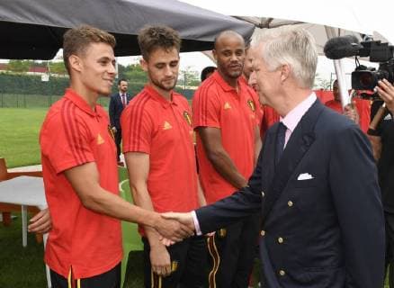 Belgium s Leander Dendoncker, Belgium s Adnan Januzaj and King Philippe - Filip of Belgium pictured during a visit of the King to a training session of the Belgian national soccer team Red Devils, Saturday 09 June 2018, in Tubize. The Red Devils started their preparations for the upcoming FIFA World Cup 2018 in Russia.  POOLxPHILIPPExCROCHET 05361521