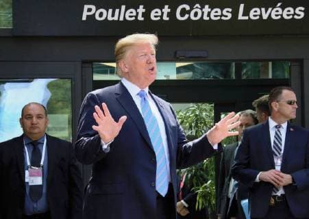 G-7 summit in Canada U.S. President Donald Trump speaks to reporters in Charlevoix, Canada, on June 9, 2018. (Pool photo) 