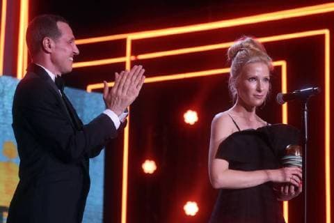 SOCHI, RUSSIA - JUNE 10, 2018: Actor Igor Vernik (L) and actress Anna Slyu, the winner of the Best Actress award for the film Jump Man, at the closing ceremony of the 29th Kinotavr Film Festival. Vyacheslav Prokofyev TASS  TS0836CA